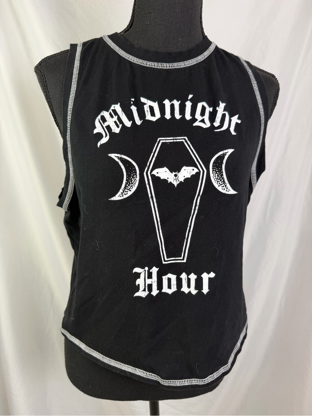 Midnight Hour Black Gothic Coffin Bat Moon Contrast Stitch Crop Tank Top XL